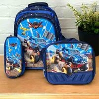 Set de Mochila Infantil Salveque para niño Salveque de 3 compartimientos Lonchera térmica con faja para colgar de hombro Cartuchera Espacio para colocar botellas en ambos laterales Material: Tela sintética image