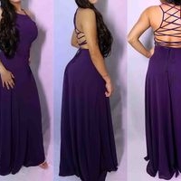 Vestido largo morado o negro con espalda cruzada image
